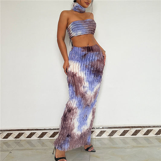 Fashion Color Contrast High Neck Cami Sleeveless Slim Fit Set Three-piece Set